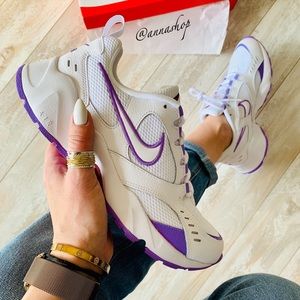 nike white and lilac air heights trainers